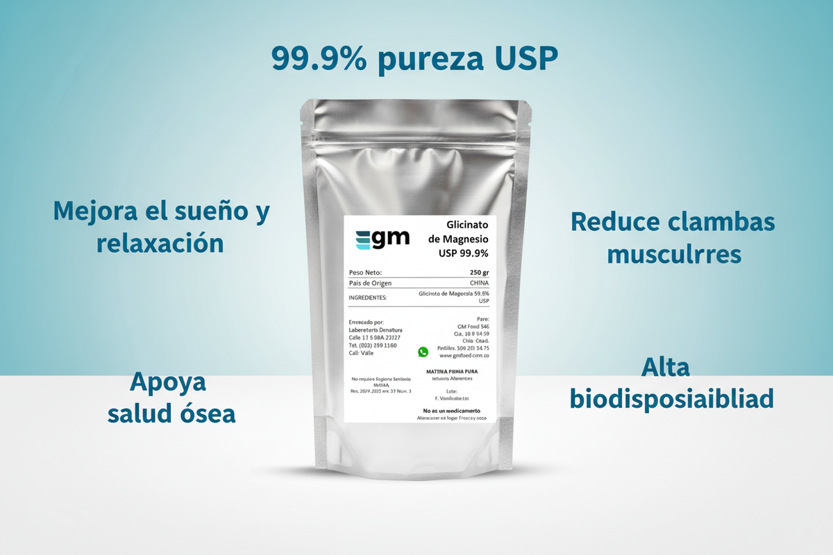 Glicinato de Magnesio USP 99.9% - Foto Publicitaria con beneficios